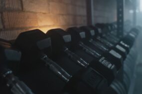 A selection of weights in a gym.