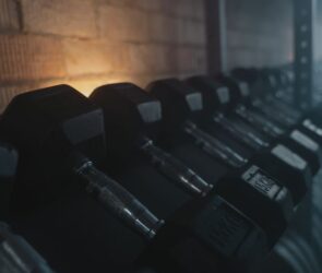 A selection of weights in a gym.